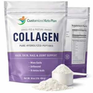 Customized Keto Plan Grass-Fed and Pasture-Raised Collagen Peptides powder white pouch next to a small scoop of white collagen powder.