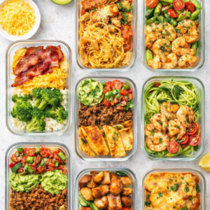 Keto meal prep containers with salmon, shrimp, salad, and fresh berries