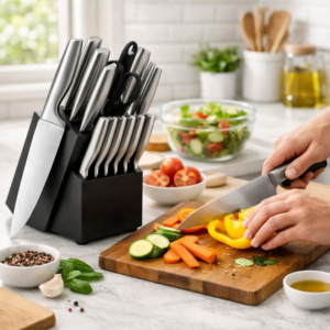 A sleek black knife block set on a wooden countertop, filled with various stainless steel kitchen knives.
