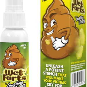 A green product box and spray bottle for "Wet Farts" featuring a cartoon poop character.