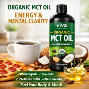 Organic MCT Oil bottle on a wooden table with a white coffee cup