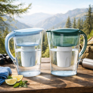 Epic Water Filters pitchers filled with clean water, sitting on a wooden surface next to sliced limes.