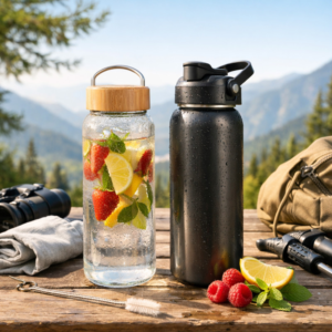 Clear glass water bottles filled with fruit-infused water